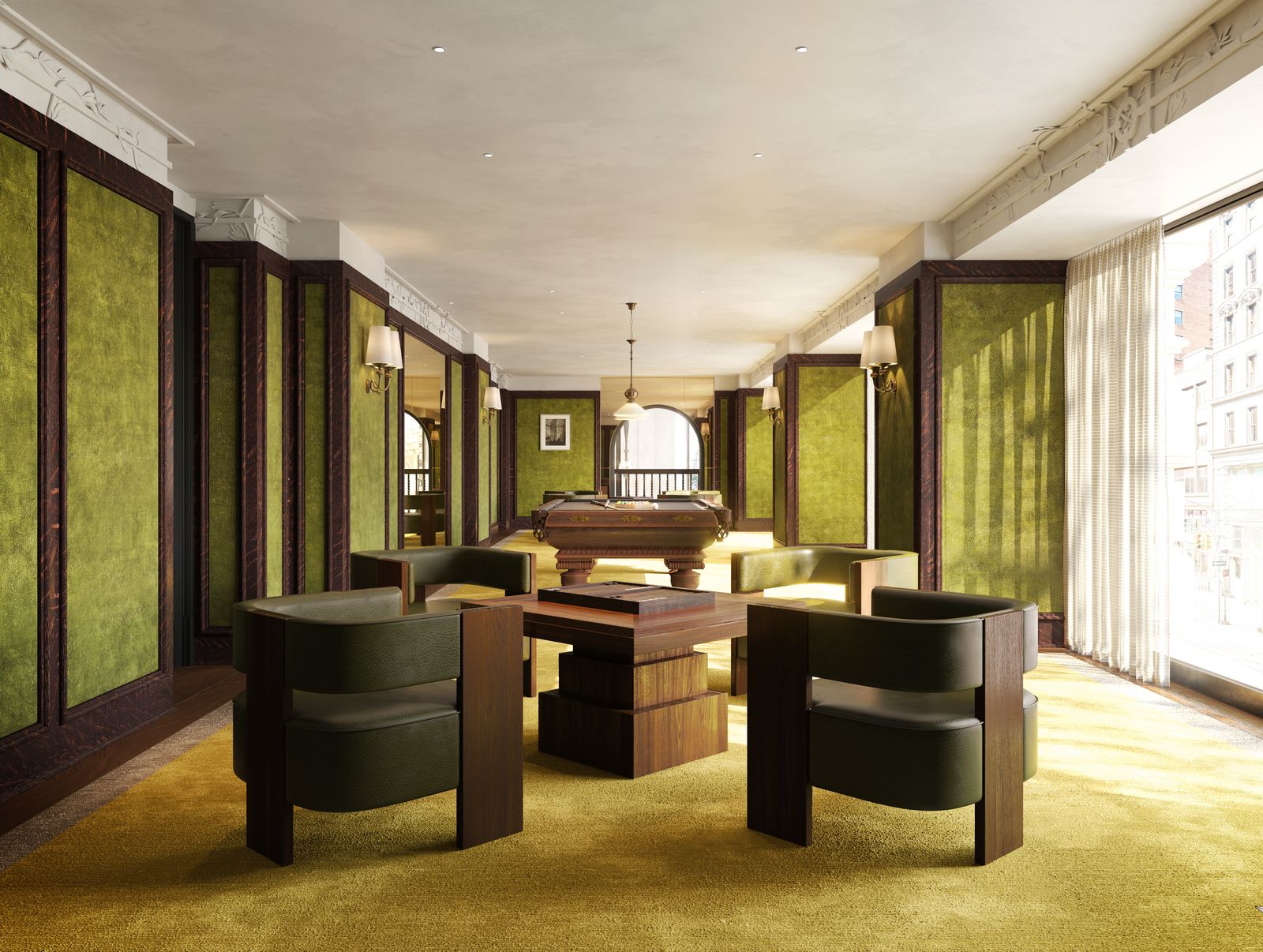 Eleganter Aufenthaltsraum mit grünen Wandverkleidungen, dunklen Holzdetails und Sitzgruppe. Im Hintergrund steht ein Billardtisch vor großen Fenstern. Mezzanine_Game_Room_Final_credit_Visualisation_One___1_.jpg