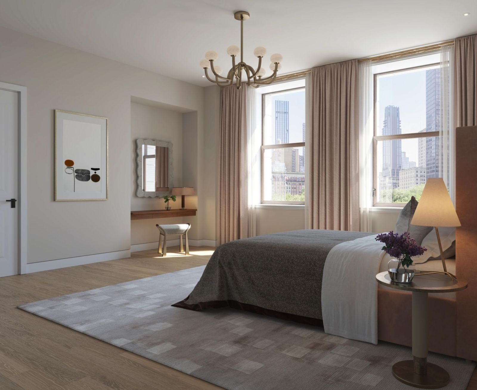 Helles Schlafzimmer mit großem Bett, beigen Vorhängen und bodentiefen Fenstern. Durch die Fenster sind Hochhäuser und die Stadtkulisse sichtbar. North_Primary_Bedroom_credit_Visualisation_One.jpg