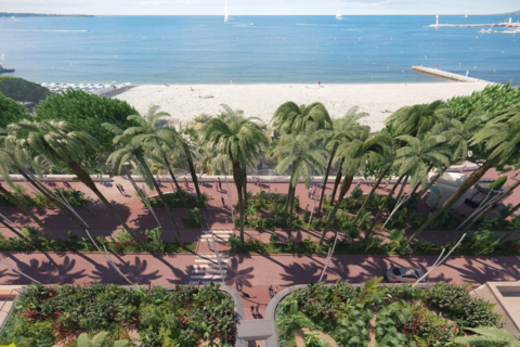 Ausblick von der Residenz über die berühmte Croisette, die Palmenpromenade, den Sandstrand von Cannes und das glitzernde Mittelmeer. Cannes6.png