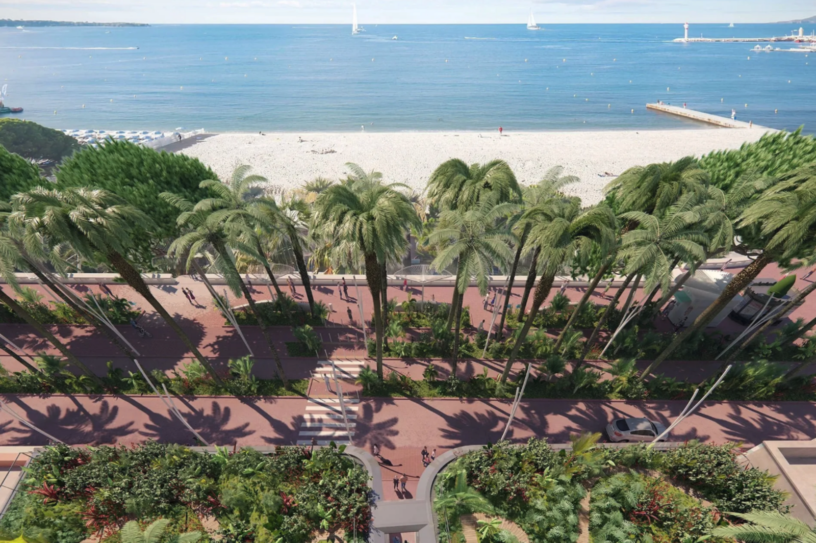 Ausblick von der Residenz über die berühmte Croisette, die Palmenpromenade, den Sandstrand von Cannes und das glitzernde Mittelmeer. Cannes6.png