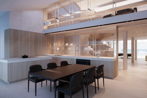 Offener Wohn- und Essbereich des Penthouses mit doppelter Raumhöhe, maßgefertigter Designküche und lichtdurchfluteter Galerieebene. Cannes4.png