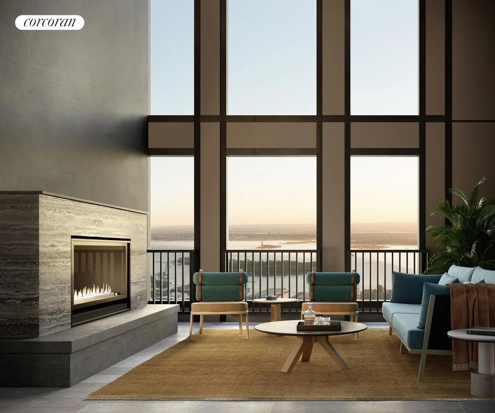 Couchecke mit modernem Kamin und Glaswand mit Blick auf die Stadt 157915561.jpeg