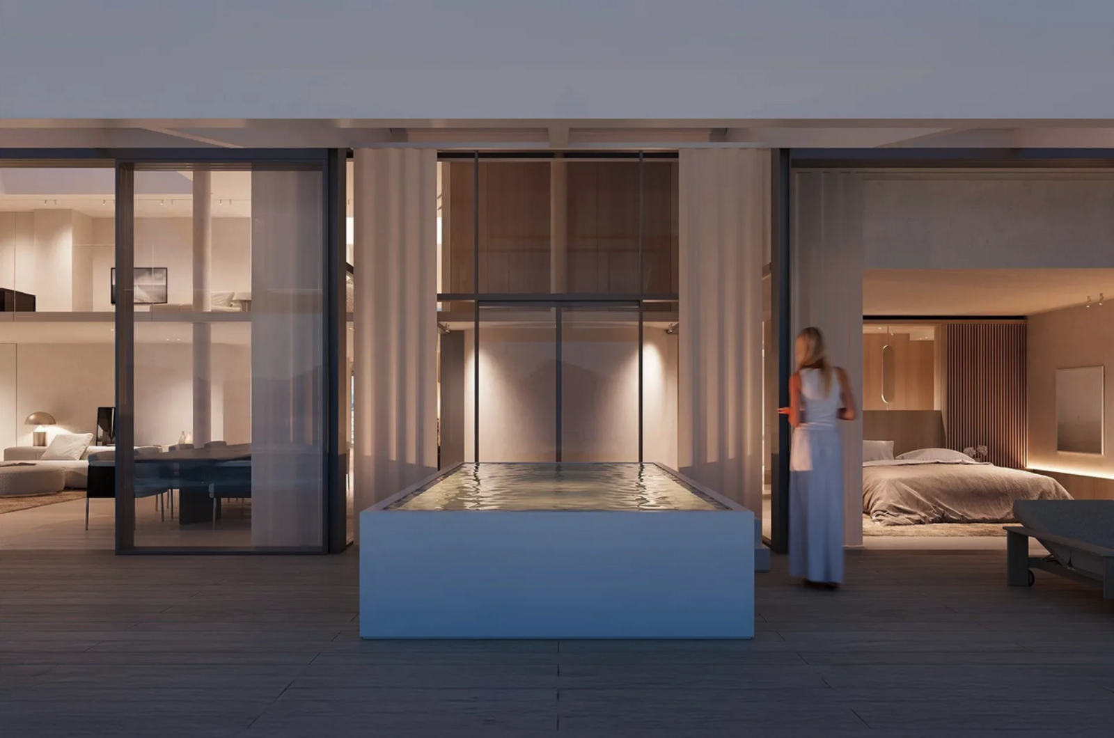 Privater Innenhof mit Wasserbecken im Herzen des Penthouses, umgeben von bodentiefen Glasfronten und luxuriösen Wohnräumen. Cannes5.png