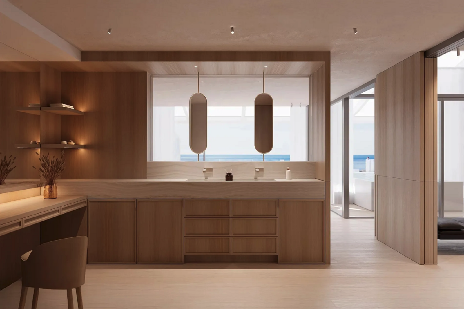 Elegantes Masterbad mit maßgefertigten Holzeinbauten, minimalistischer Gestaltung und Blick Richtung Meer sowie privater Terrasse. Cannes7.png