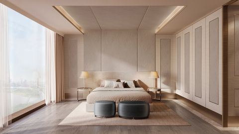 Master-Schlafzimmer in warmen Beigetönen mit bodentiefen Fenstern und Blick auf die Skyline Shenzhen_Liantai_MasterBedroom_UPDATE_01.jpg