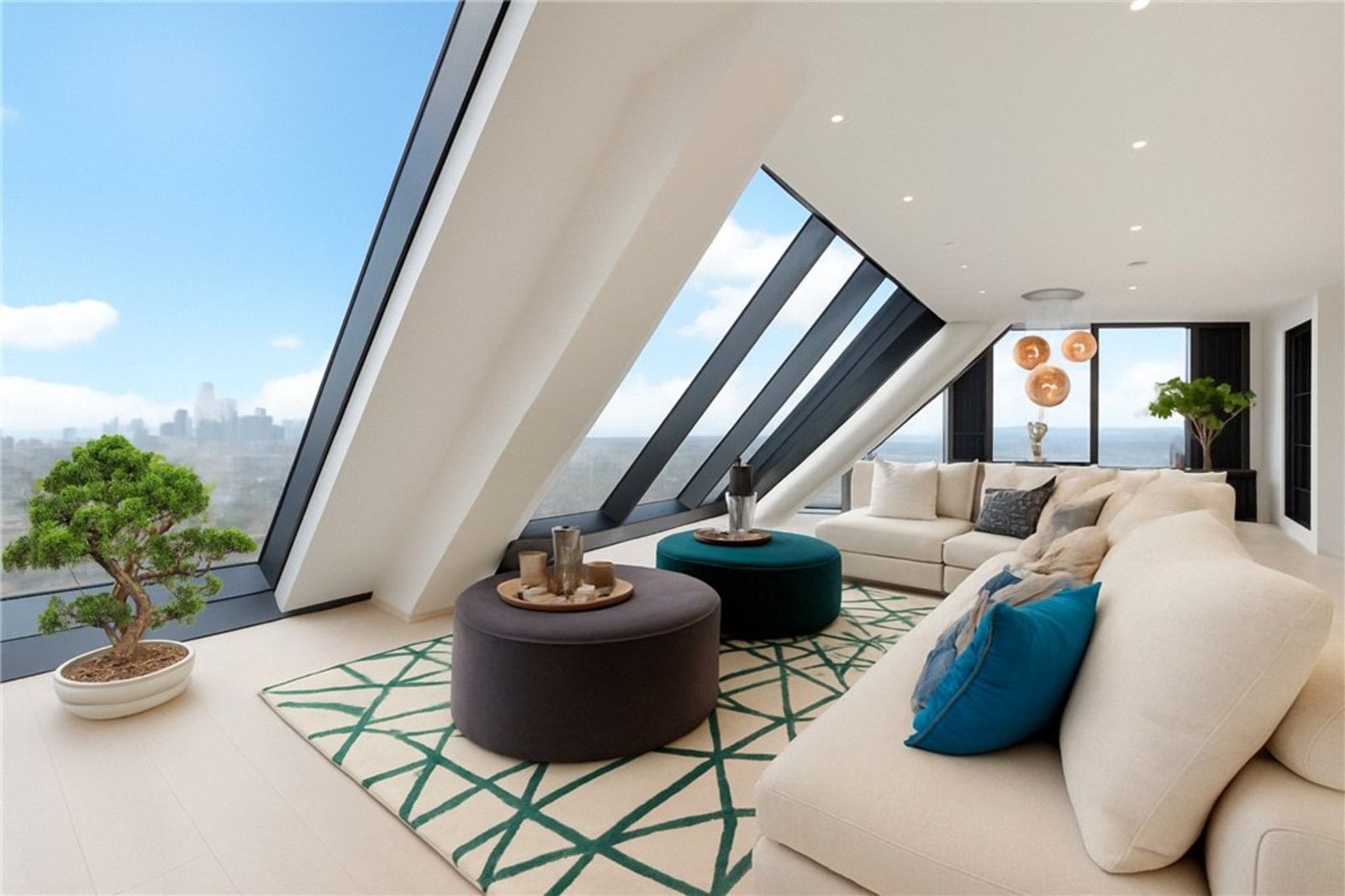 Wohnzimmer mit Couch gegenüber Panoramafenster und Blick auf London TOW250063_50.jpg