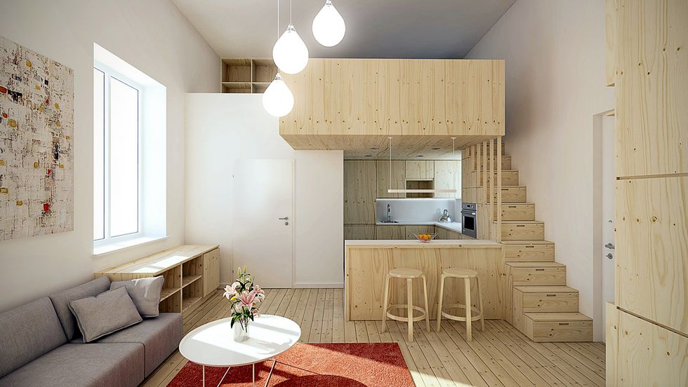 Microloft: ein Interieurdesignkonzept einer Kleinstwohnung von Adrian Iancu. Wohnen & Schlafen auf zwei Ebenen und auf engstem Raum.