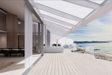 Großzügige Dachterrasse des Duplex-Penthouses mit Pergola, Outdoor-Lounge und freiem Panoramablick über den Strand von Cannes und das Mittelmeer. Cannes2.png