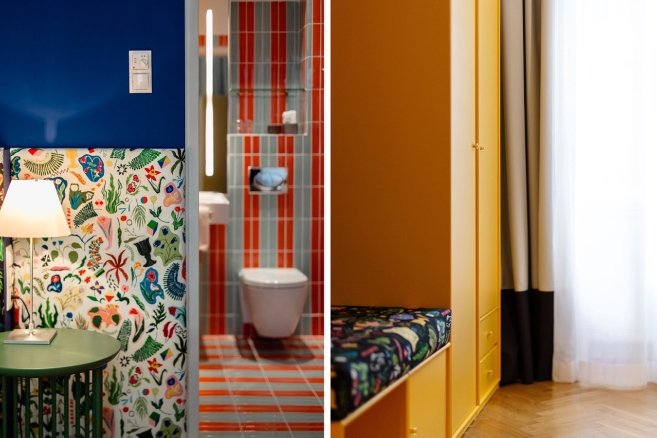 Foto-Collage: links kleiner Tisch  mit Lampe vor bunter Tapete mit Blick zum WC, rechts Schrankelement mit eingelassener Sitzbank 1350x900_Website_StilDesign2__c_Wittmann.jpg