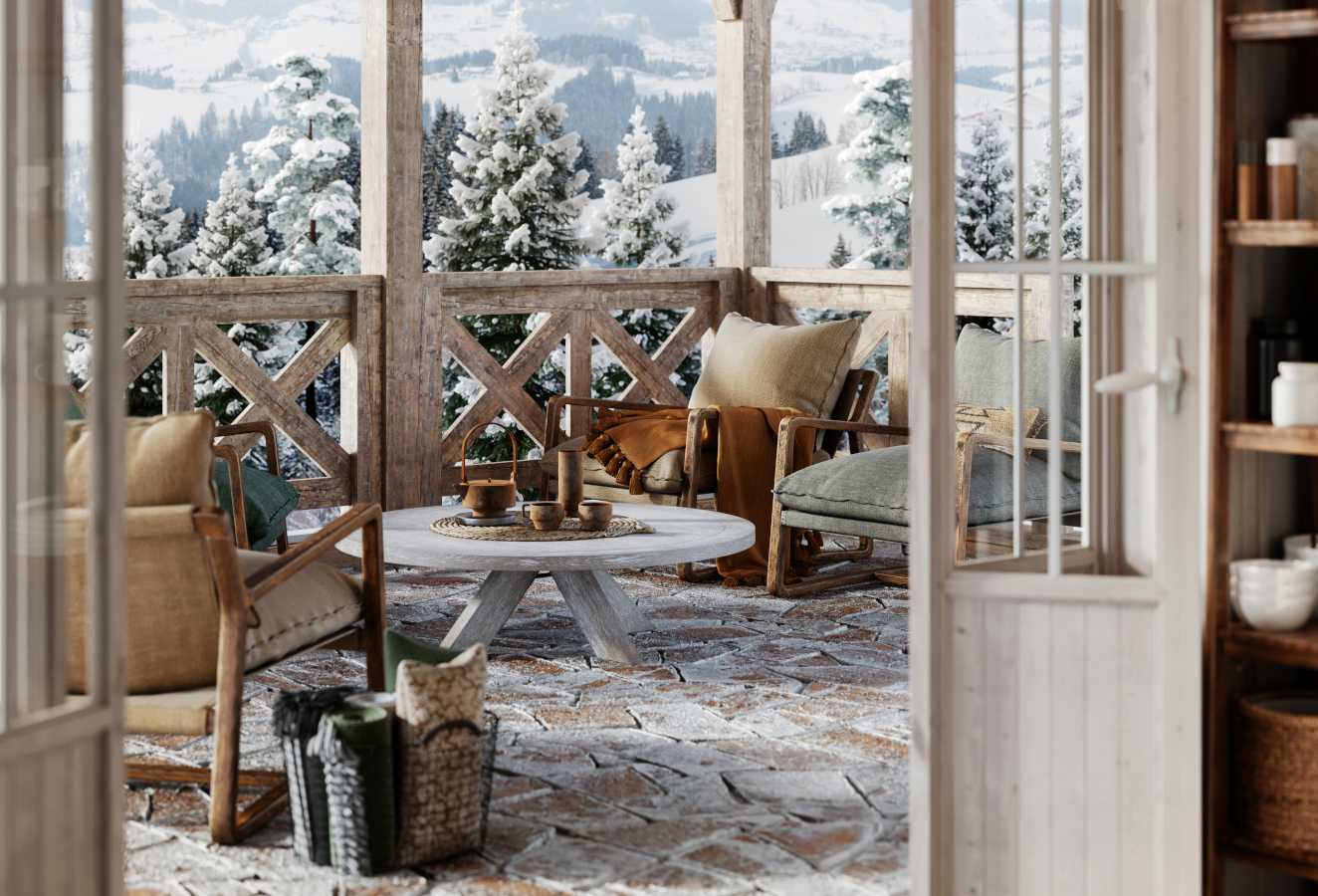 Gemütliche Sitzecke im Außenbereich in winterlicher Atmosphäre. iStock-1270113332_alvarez.jpg