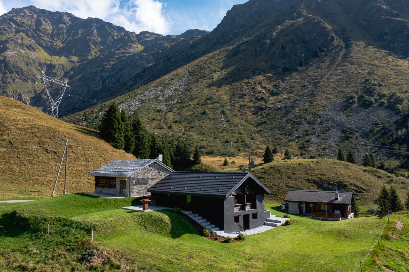 A very unusual Swiss mountain chalet because it is black and made of wood. Around a beautiful green summer meadow AdobeStock_650754173_alexandre_zveiger.jpeg